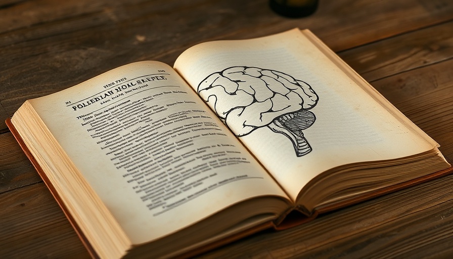 Old book symbolizing Public Humanities with brain illustration on wood.