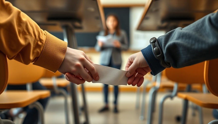 AI cheating education concept, students passing a note in class.