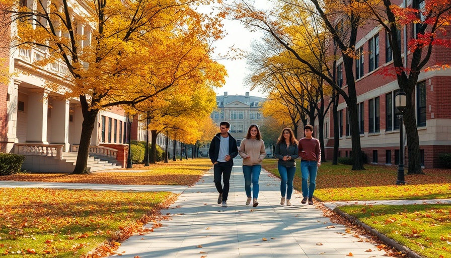 Students on campus pathway in autumn, higher education setting.