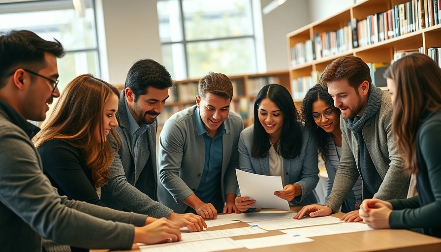 Diverse group discussing education uncertainty in a library.