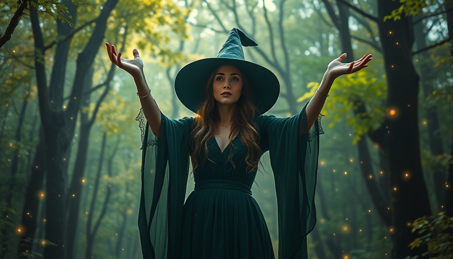 Enchanting witch casting spell in magical forest, defying gravity