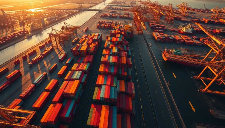 Aerial view of bustling port with colorful shipping containers in golden hour.