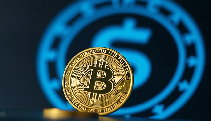 Digital coin with circuitry in front of stablecoins symbol.