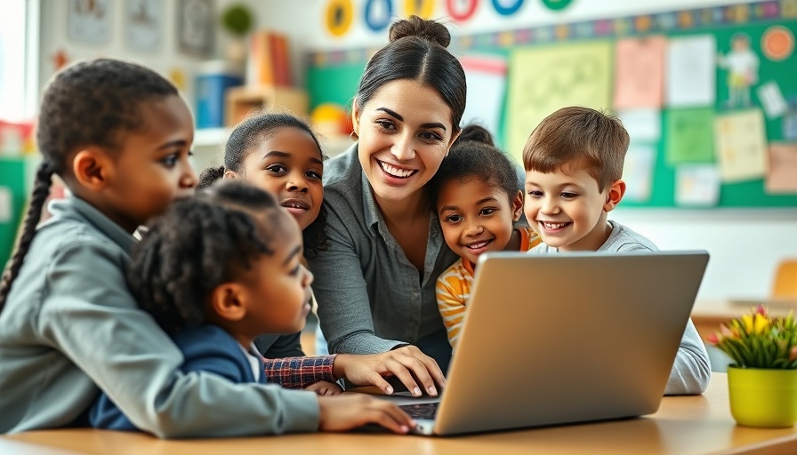 Diverse children engaging in early learning with teacher guiding them.