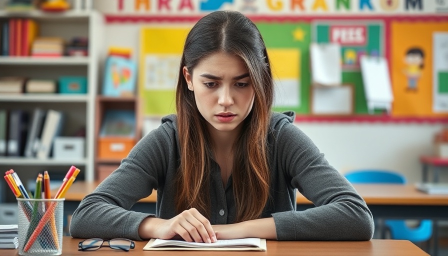 Stressed young woman in classroom, substitute teachers in early childhood education.