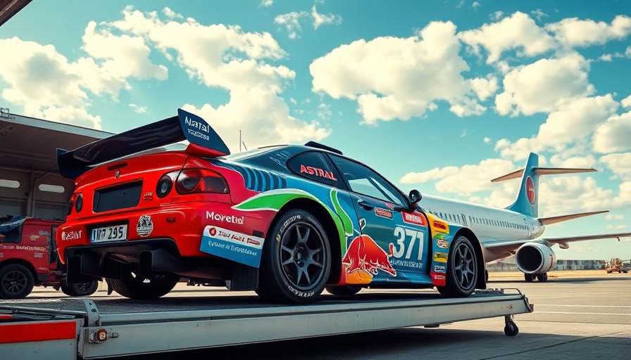 Astral Aviation cargo plane and rally car on airport tarmac under cloudy sky.