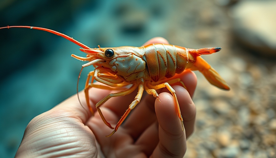 Close-up of a hand holding a large shrimp, highlighting shrimp farming.