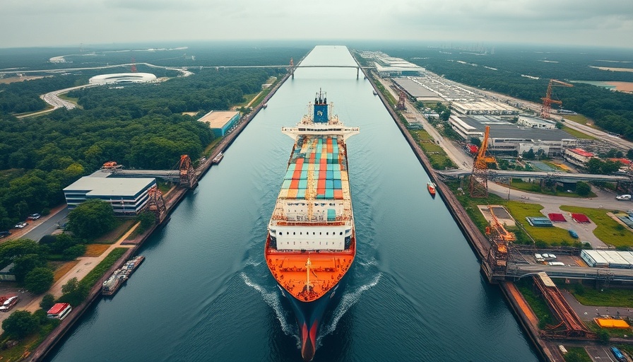 Aerial view of ship in the Panama Canal with green landscape.