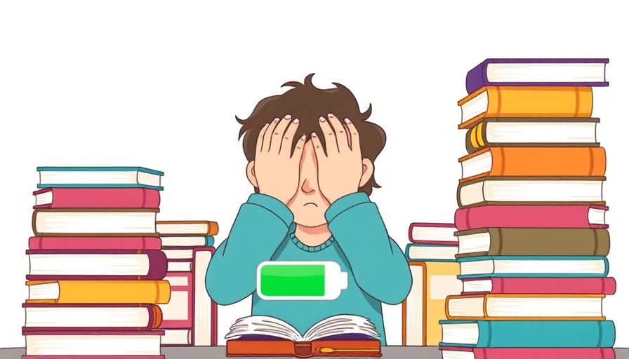 Cartoon of person overwhelmed by books, low battery icon, reading skills decline.