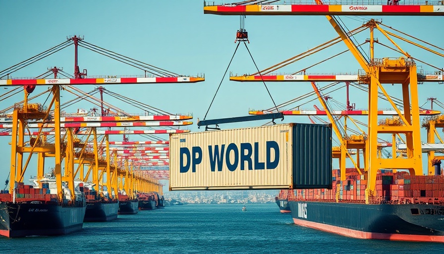 DP World container being lifted at a busy port with cranes.