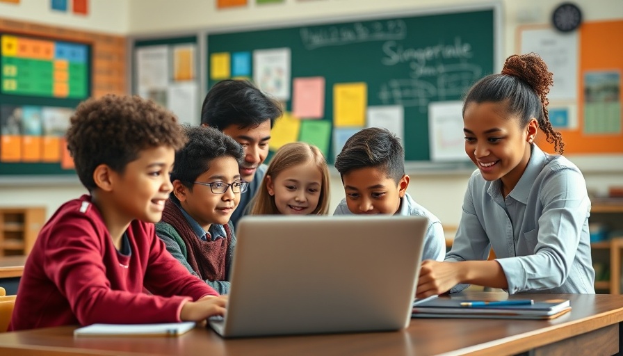 Teacher engaging with students in a colorful classroom setting.