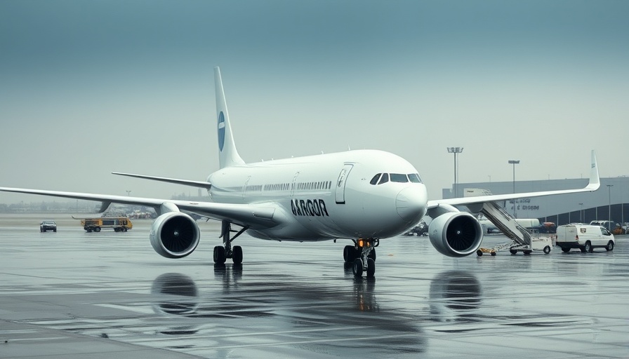 Air cargo plane parked on wet tarmac at airport.