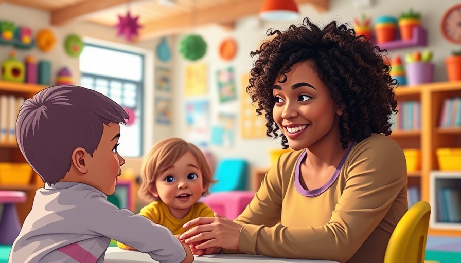 Childcare worker interacting with children in vibrant playroom.