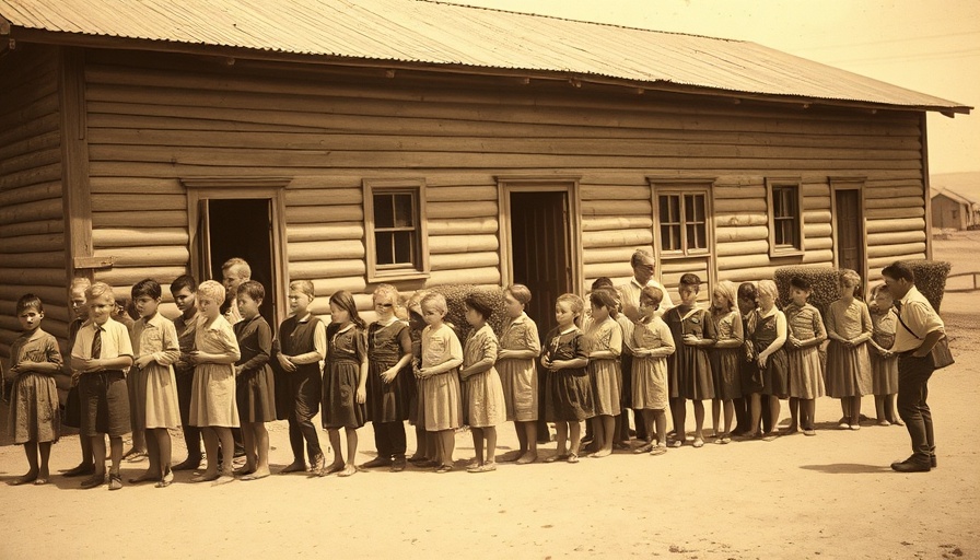 Historic image of children lined up in front of a building, education context.