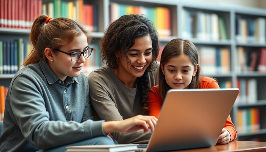 Young students and teacher with laptop illustrating AI readiness education framework.