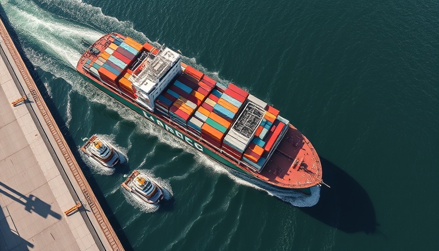 Aerial view of cargo ship with AI-powered logistics, busy port scene.
