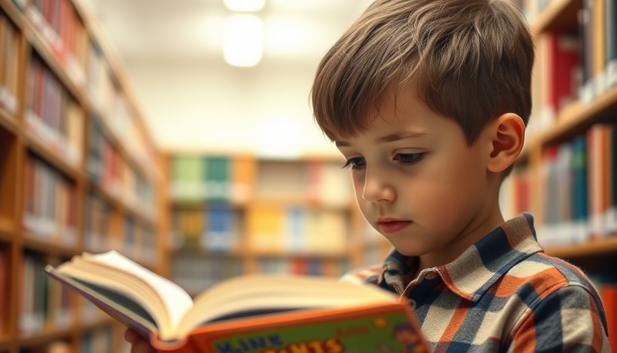 Focused young boy reading a book in a bright library.