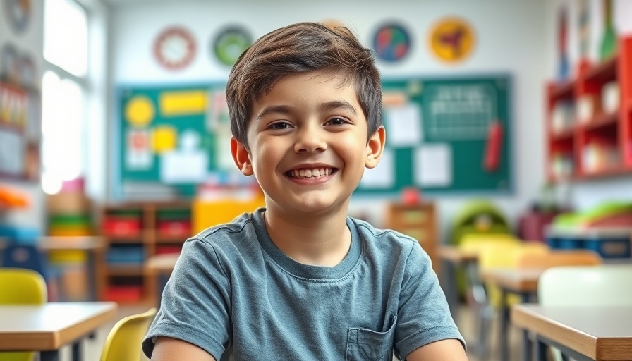 Smiling boy in classroom, Positive Racial Identity Development, bright setting.