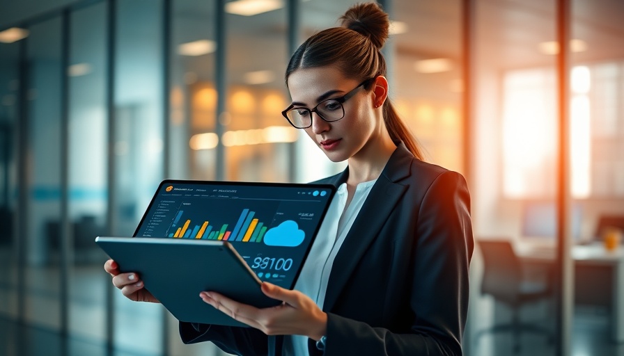 Professional woman reviewing network security solutions in modern office.