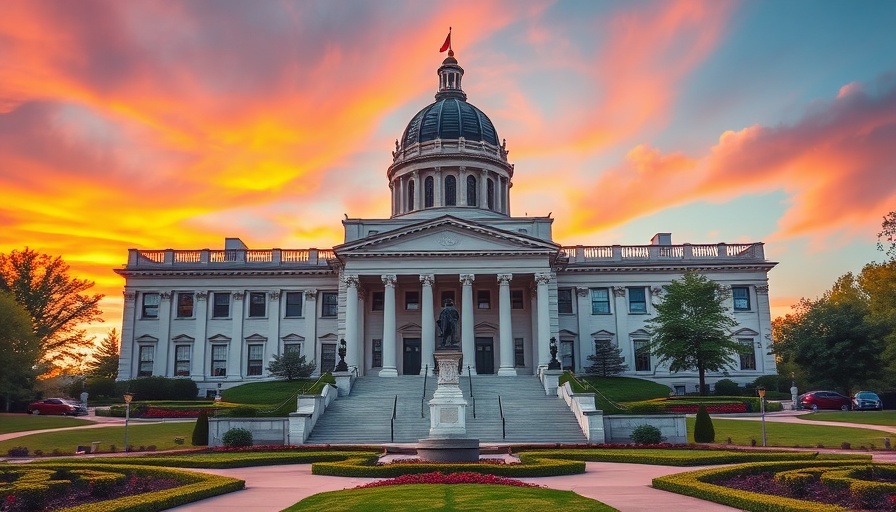 Government building with lush gardens under a vibrant sunset, reflecting on child care deregulation.