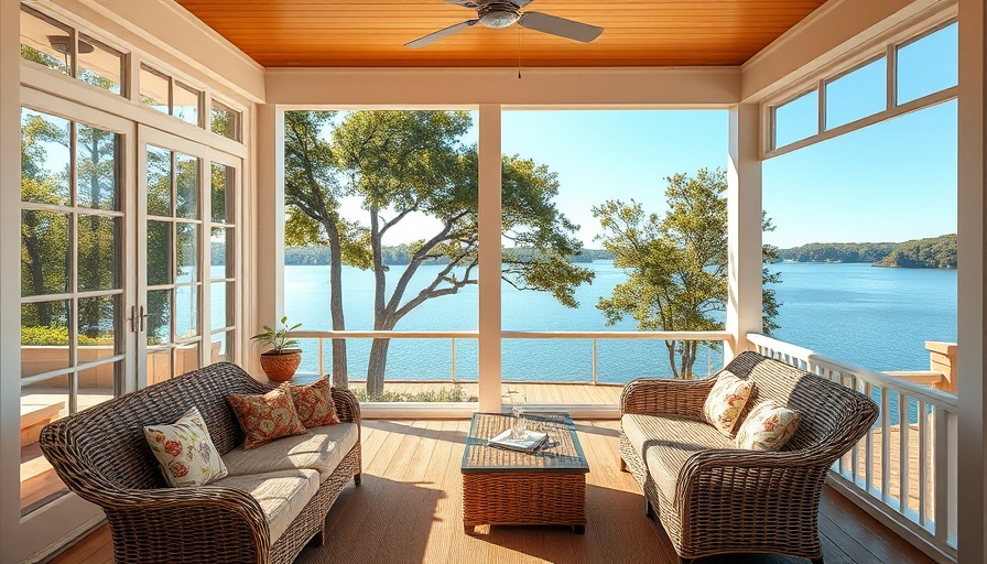 Lowcountry home design featuring wicker sofa by lake.