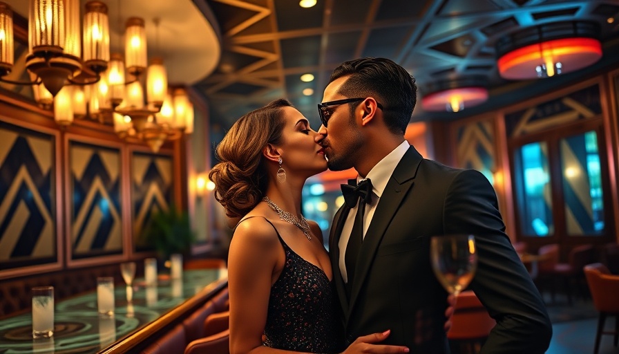 Stylish couple at a glamorous event in a retro-themed lounge.