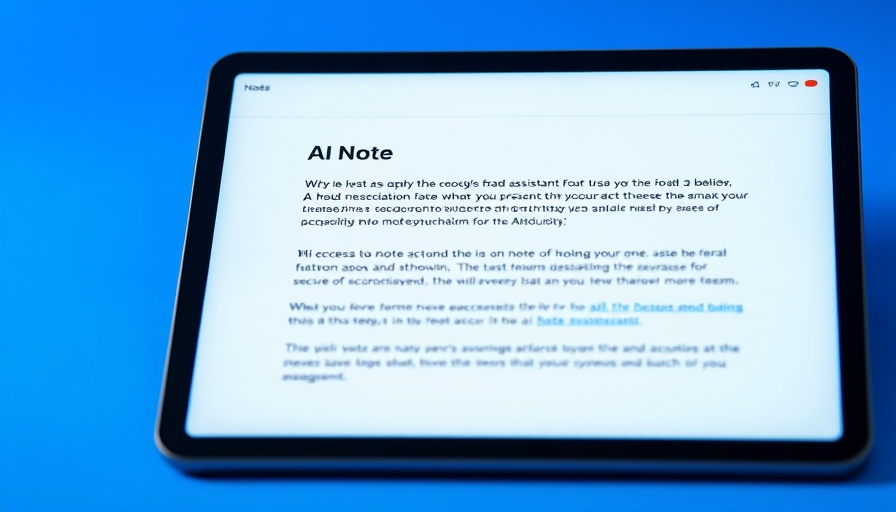 Tablet with AI note-taking assistant interface on blue background.