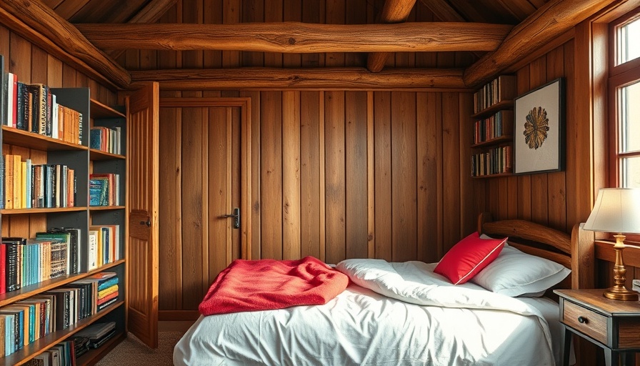 Cozy rustic bedroom with bookshelves next to the bed