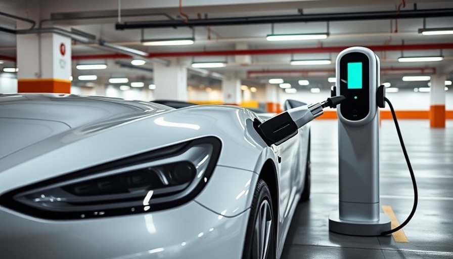 Electric car being charged with plug-in fast charger in parking garage.