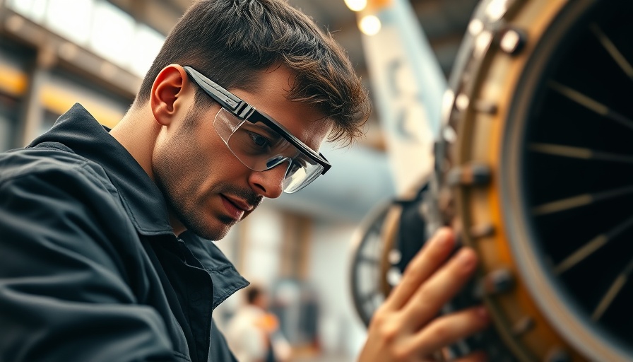 Technician examines engine at aviation maintenance competition.