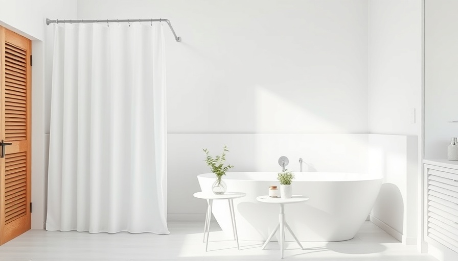 Elegant bathroom with mildew-resistant shower curtain and fern vase.