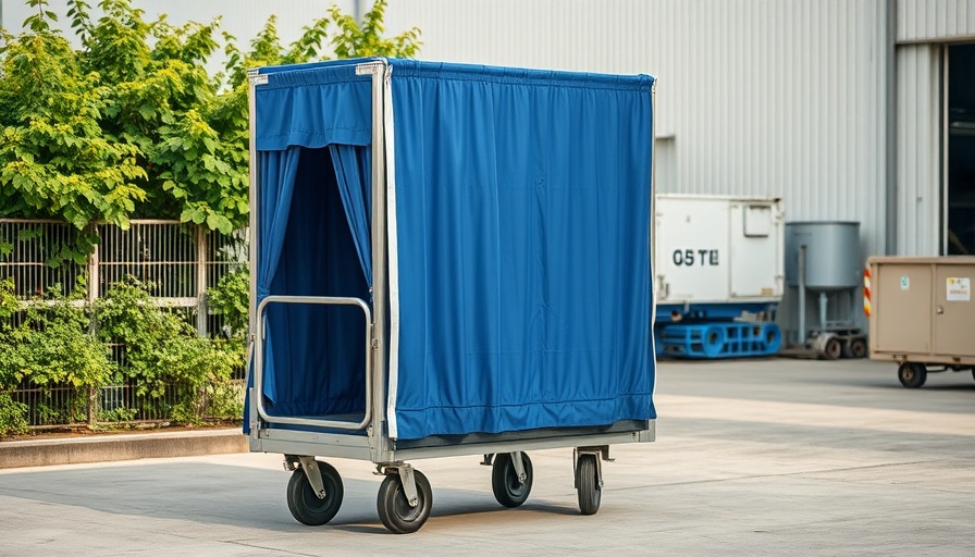 Robust steel closed baggage cart with blue curtain outdoors.