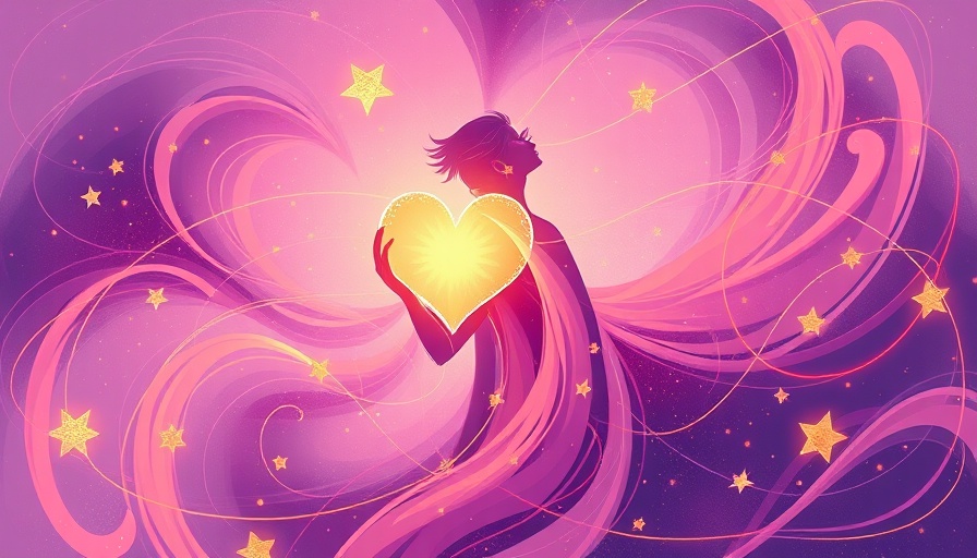 Abstract person holding a glowing heart surrounded by stars, symbolizing mental health support for LGBTQ+ youth.