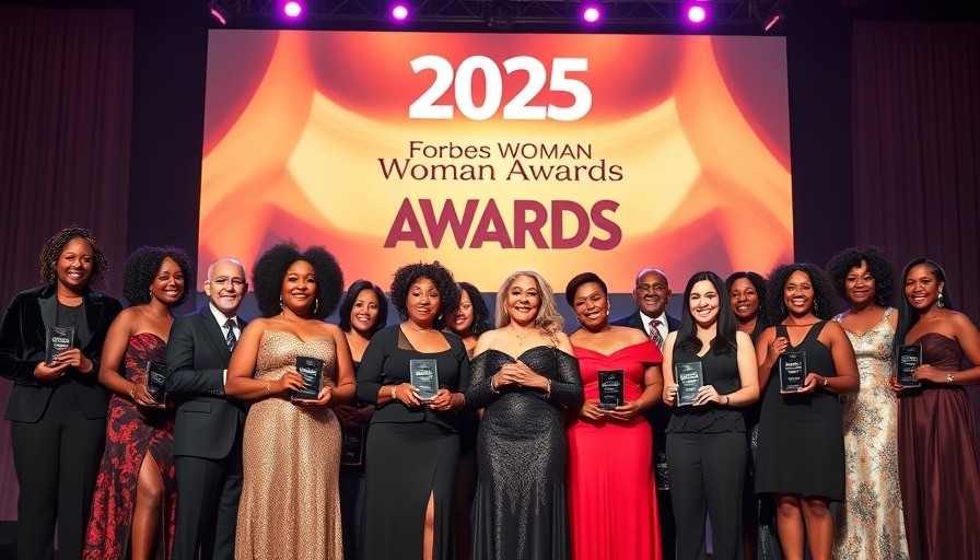 Winners at 2025 FORBES WOMAN AFRICA Awards on stage with trophies.