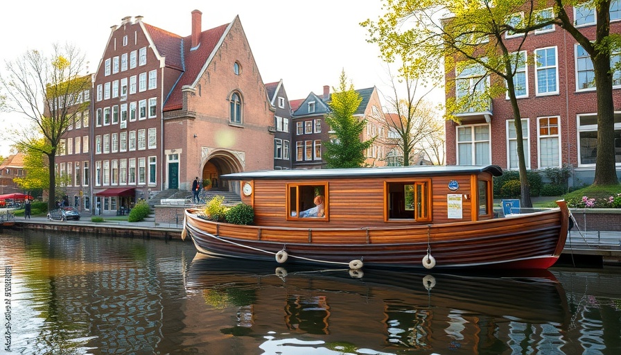 Serene wooden houseboat on Amsterdam canal with historic buildings