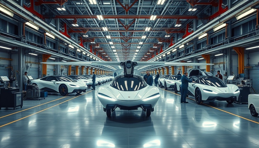 Mass production of flying cars in a futuristic factory setting.