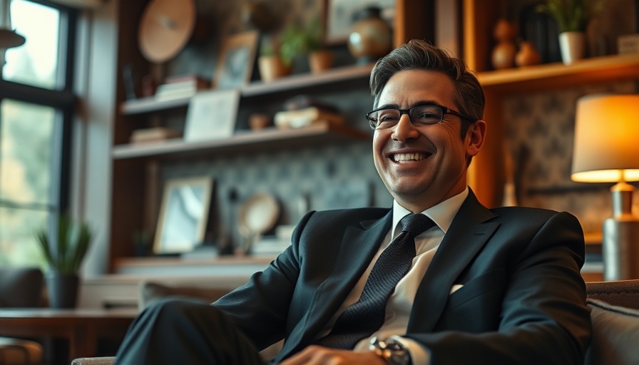 Smiling person seated in a cozy room with shelves and decor.