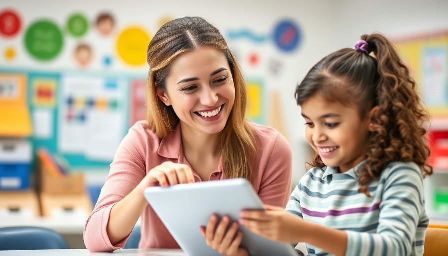 Teacher guiding student on tablet in engaging classroom setting.