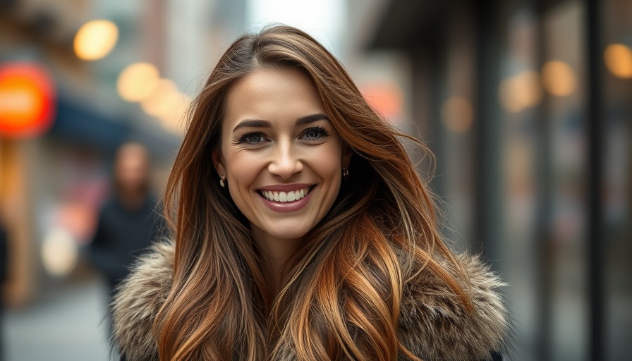 Smiling woman outdoors setting wearing a fur coat, photorealistic shot.