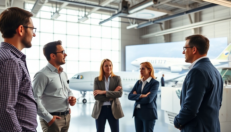 Group of professionals near Boeing 777 full-flight simulator.