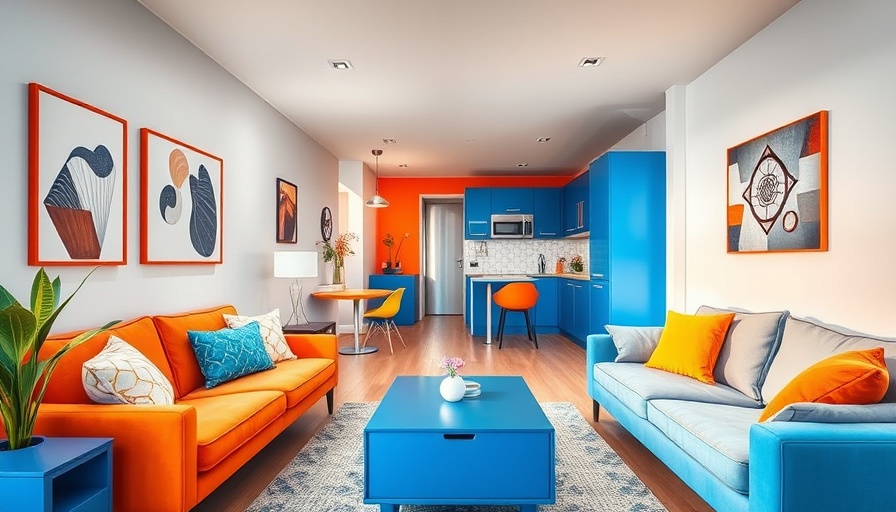 Colorful 430-square-foot apartment design with modern furniture.