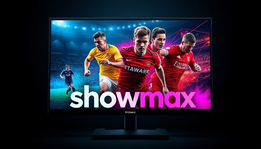 Dynamic sports-themed monitor display with Showmax Premier League, highlighting MultiChoice price adjustments 2025.