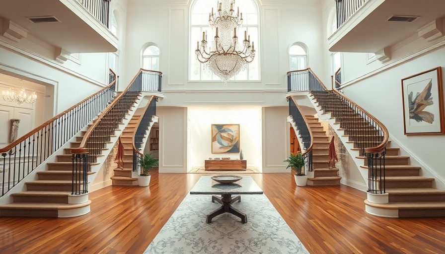 Luxurious foyer in Dubrow mansion listing with twin staircases and chandelier.