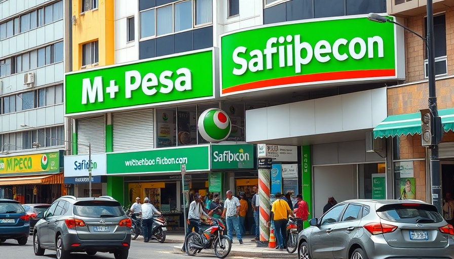 M-PESA and Safaricom signage in vibrant urban setting with parked cars.