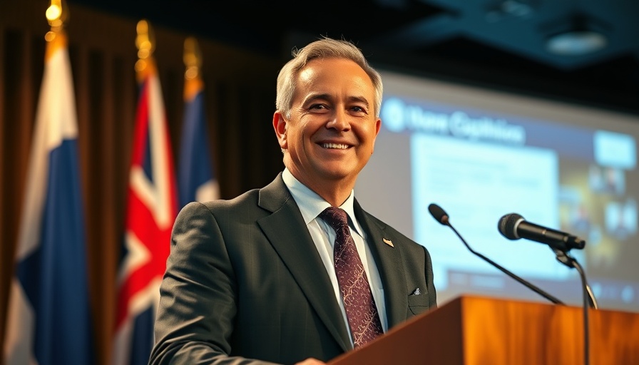 New CEO at podium with flags in the background
