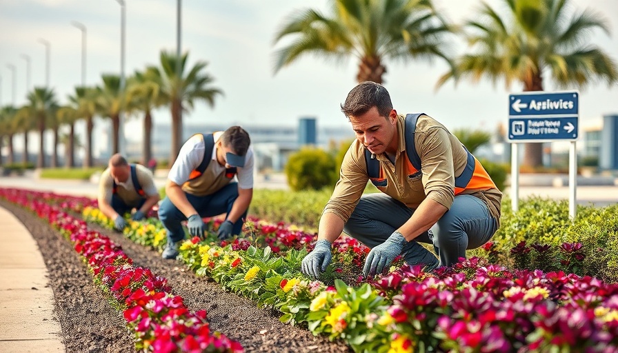 Airport maintenance workers planting flowers, inclusive community employment at airports.