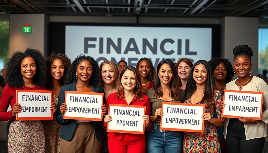 Women financial empowerment event, diverse group holding signs.