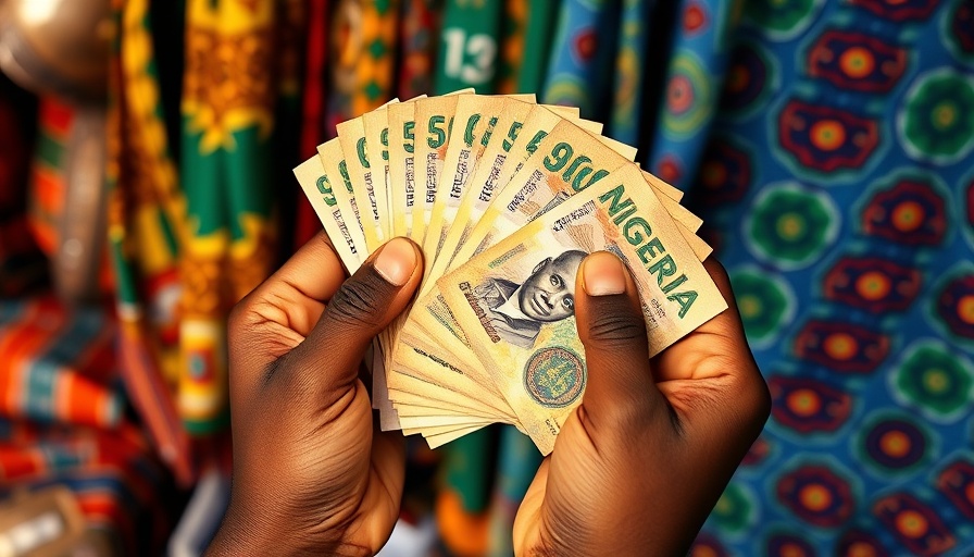 Close-up of hands exchanging Nigerian cash over patterned fabric.