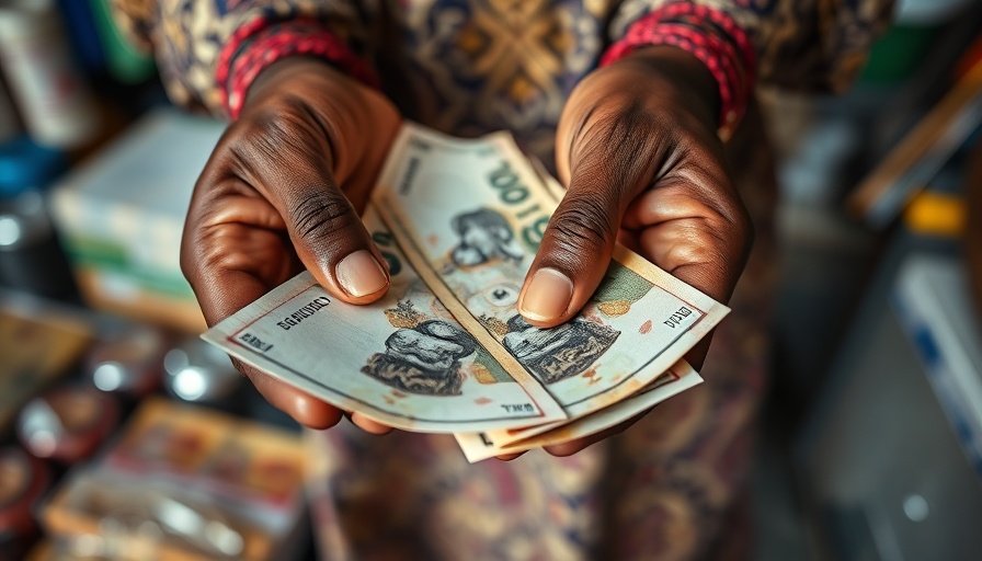 Hand holding Nigerian naira cash amid market scene, reflecting Nigeria's largest drop in cash usage.