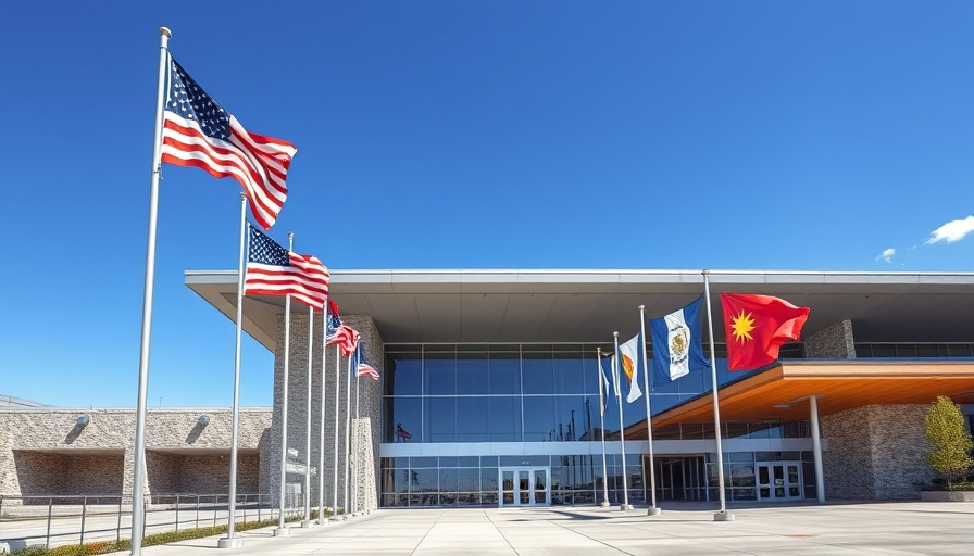 Modern airport building with flags at Barkley Regional Airport.